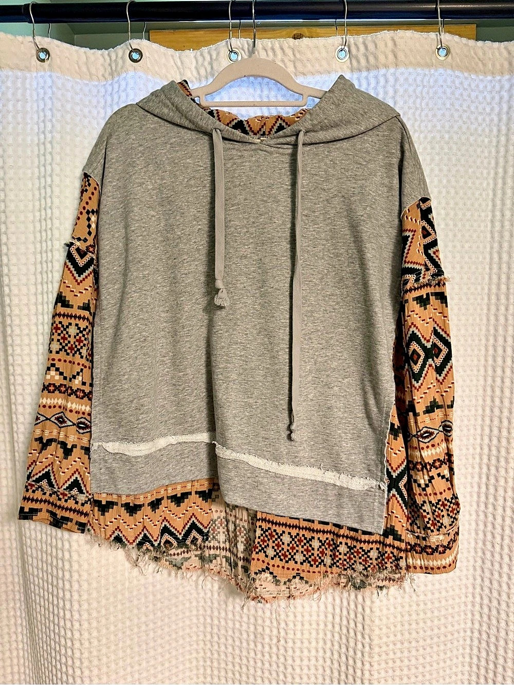 Geometric Fringe Hoodie Gray & Brown Medium